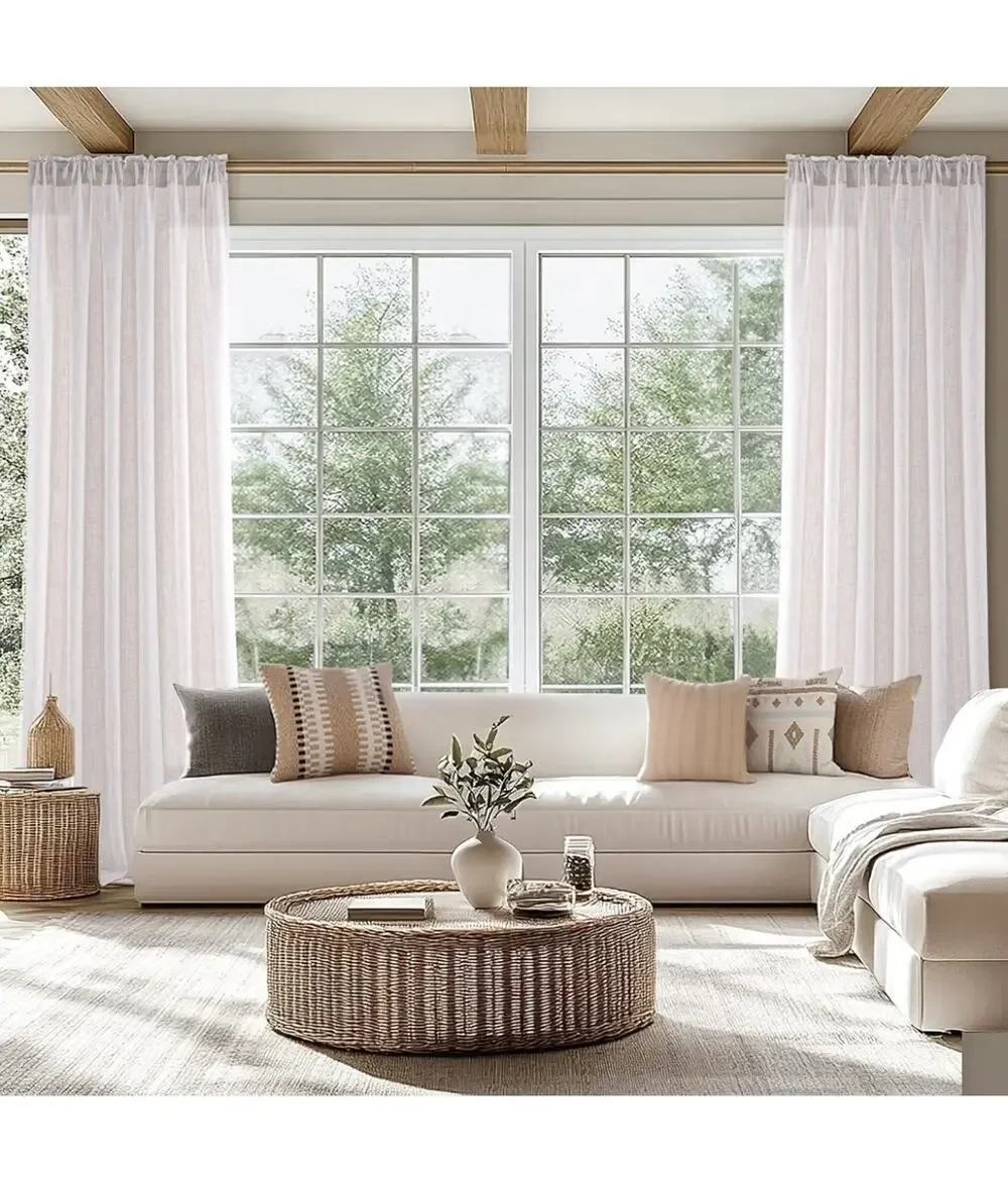 Linen White Semi sheer Curtains 84 Inch Length 2 Panels Set